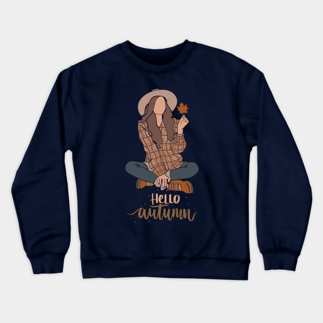 Hello autumn girl holding maple leaf Crewneck Sweatshirt by kuallidesigns